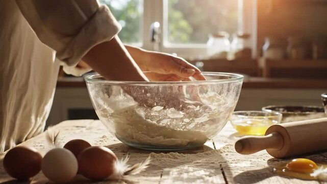 Baking bread dough in a glass bowl on a rustic kitchen table with ingredients prepared for cooking in a sunny room