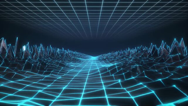 A geometric digital landscape with gridlines and crystalline mountain-like structures, illuminated by vibrant blue light against a dark background