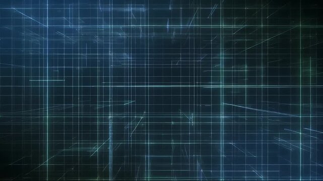 A geometric illustration presents a grid of intersecting lines that glow faintly against a dark blue background, forming a 3D abstract field