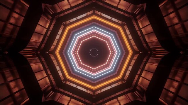 A geometric, symmetrical digital art piece depicting a tunnel or abstract architectural space with layered, glowing octagons