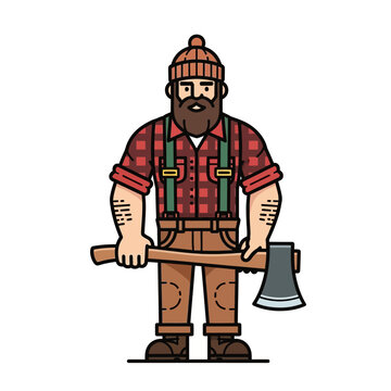 Illustration of a Lumberjack Character Holding an Axe, Wearing Plaid Shirt and Beanie
