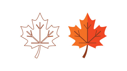 Fototapeta premium Vector illustration comparing a detailed orange maple leaf graphic alongside a simple brown outline version perfect for seasonal design projects