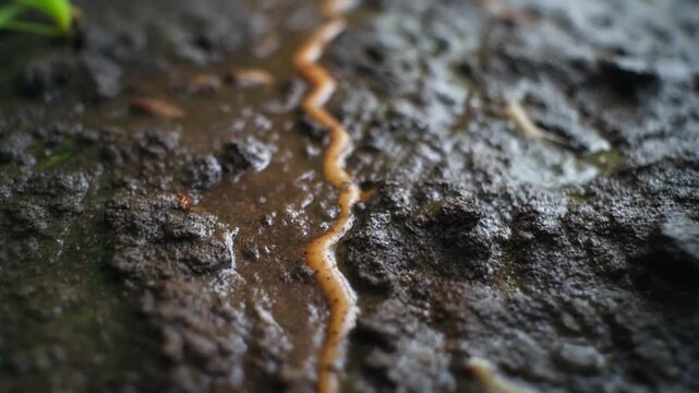 A close-up view of a muddy terrain with a thin stream of brown liquid flowing through a crack