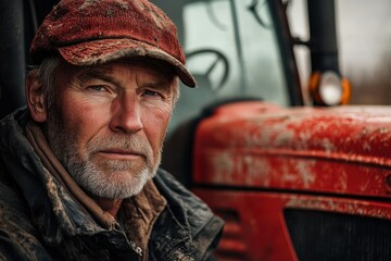 Fototapeta premium Portrait of a farmer in Finland standing near a tractor during the harvest season, showcasing the hard work and dedication in rural life