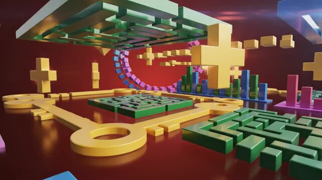 Abstract 3D rendering of architectural structures with keys, plus signs, mazes, and bar graphs against a red backdrop