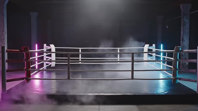 Empty boxing ring in arena with spotlight shining on the athletic stage for competition