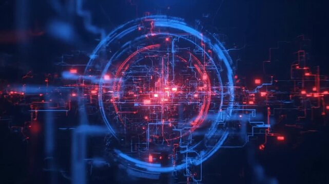 Futuristic circuit board with glowing blue and red lights in dark