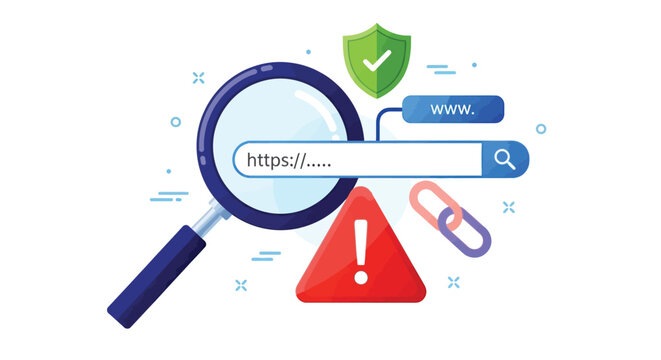 Illustration of a search bar with a magnifying glass over it, showing "https://...". A red warning triangle with an exclamation mark and a green shield with a checkmark indicate caution and security.