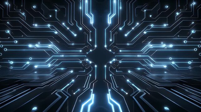 A digital rendering features a circuit board design. Blue glowing lines and light points trace paths across a dark, metallic surface