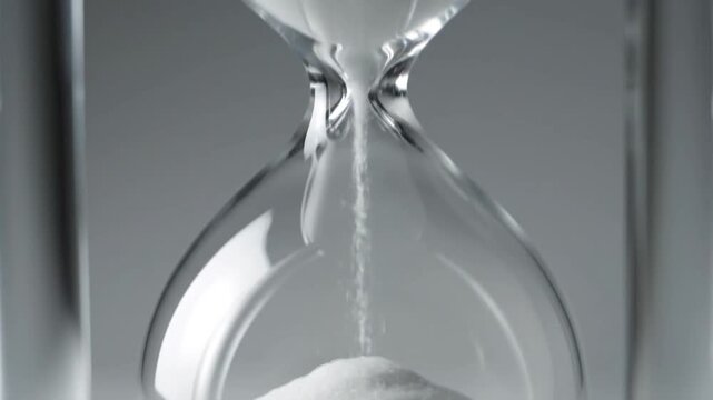 Hourglass with flowing white sand on gray background