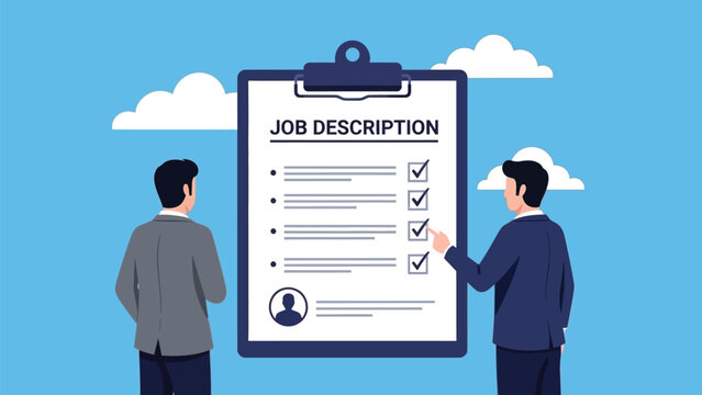 Two men in suits stand in front of a large clipboard labeled "Job Description" against a blue sky with clouds. One points at a checklist.