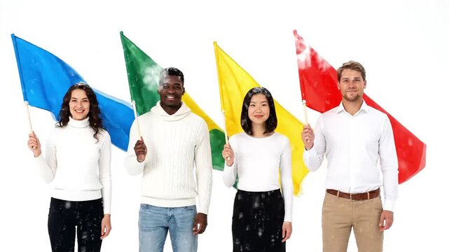 Diverse group of people holding colorful flags together