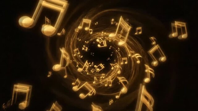 Glowing music notes in a magical dark space