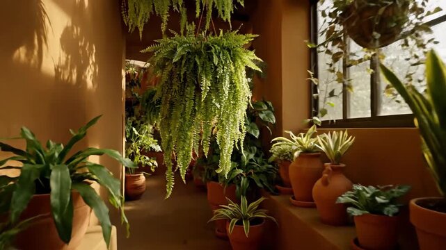 Indoor plants growing in pots along a sunlit corridor, plant life