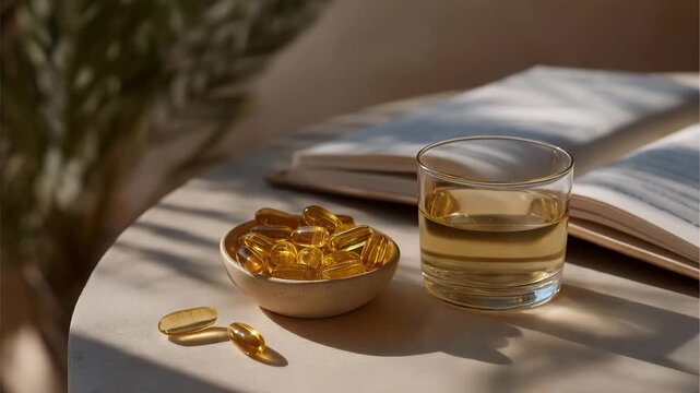 A flat lay of anti-aging supplements like collagen peptides, resveratrol capsules, omega-3 oils, and herbal adaptogens arranged neatly with a journal &mdash; longevity nutrition, inside-out beauty, and