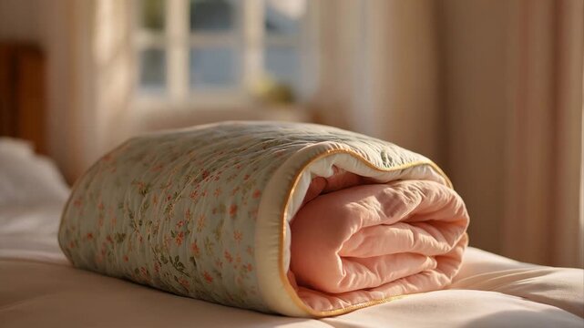 A folded quilt resting at the foot of a bed, intricate stitching patterns revealing craftsmanship and tradition &mdash; handmade textiles, bedroom d&eacute;cor, and artisanal home aesthetics. cinematic color