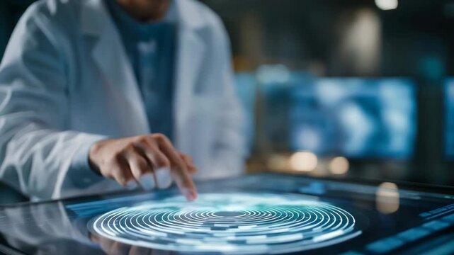 A forensic specialist dusting a surface while an ultra-sensitive fingerprint scanner maps invisible ridges in real time, glowing neon contours forming on a digital screen &mdash; forensic science