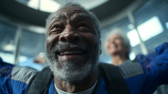 Joyful senior man skydiving indoors. Happy elderly couple experiencing freefall in a wind tunnel. Excitement, adventure, and age. Perfect for retirement concepts. Enjoying life!