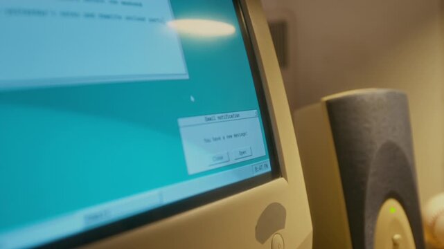 No people close-up of anonymous business person working on retro computer with obsolete 16-bit operation system, receiving new email notification on flickering blue screen