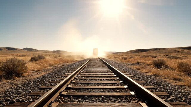 Lone train car traveling down railroad tracks through a vast landscape towards bright sunny sky and horizon