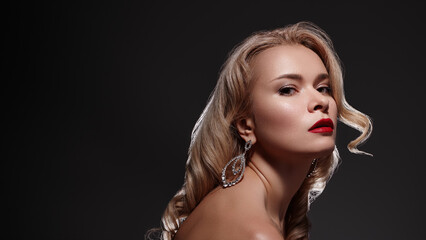 Glamorous Model With Statement Earrings, Red Lipstick, Dramatic Side Lighting, Moody Black...