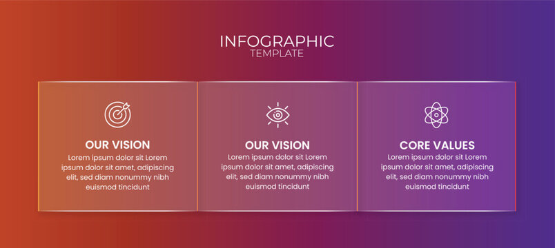Modern infographic template with three sections for mission, vision, and core values, featuring gradient background, line icons, and clean corporate layout.
