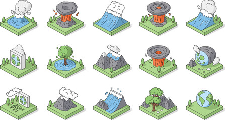 Fototapeta na wymiar Isometric vector icon set featuring natural disasters like tsunamis tornadoes and volcanoes alongside green earth ecology symbols for environmental awareness and education.
