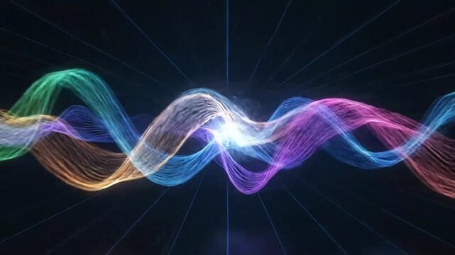 Vibrant blue purple sound wave flowing through digital grid