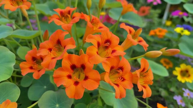 Beautiful Orange Nasturtium Flowers Blooming in a Lush Garden Environment Video