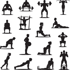 black silhouettes of people doing various exercises and workouts