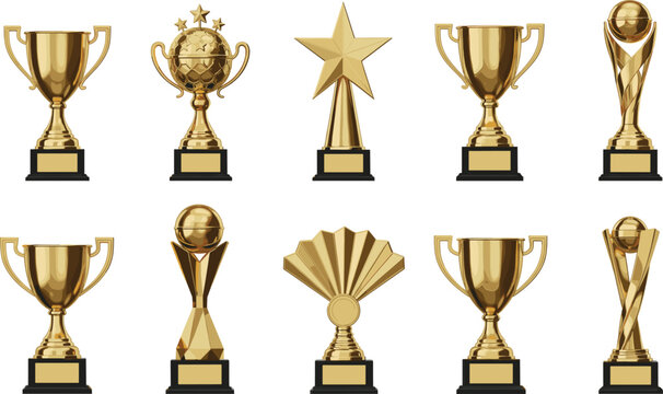Large collection of golden trophy awards and sports cups including star trophy and championship prize isolated on white background for success and victory.