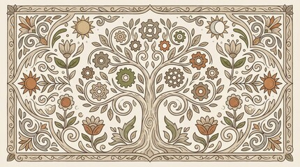 Conceptual Tree of Life with Mechanical Gears and Celestial Symbols in Folk Art Style