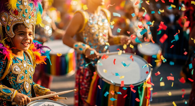 A traditional, colorful carnival in Brazil. Happy children in costumes and drums take part in the celebration on a decorated street during the carnival.