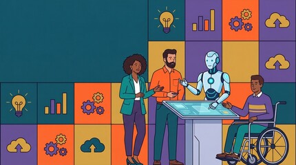 Diverse Business Team Collaborating with Humanoid Robot and Holographic Interface in Modern Office