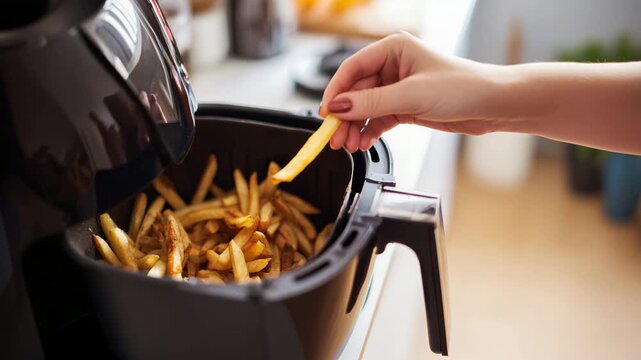 a hand pulling out an air fryer basket filled with crispy golden fries, kitchen appliance, home cooking, fries, healthy cooking, oil free, low fat, modern kitchen, food preparation