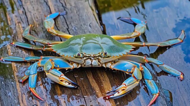 Bright blue crab standing on a wooden dock by the water