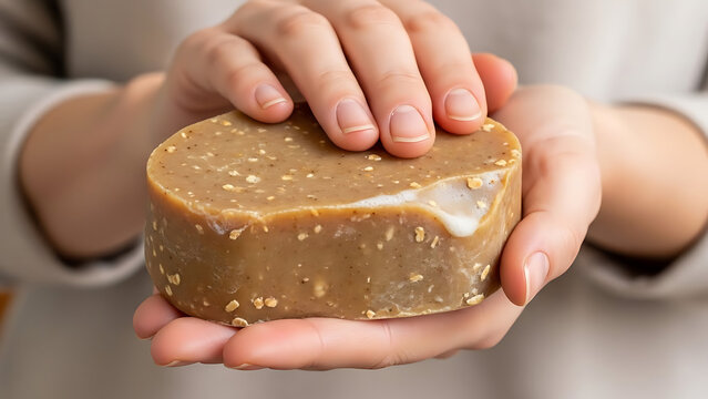 Hands holding a bar of handmade natural soap with oatmeal grains for exfoliation, concept of organic skincare, hygiene, bath routine, and zero waste lifestyle.