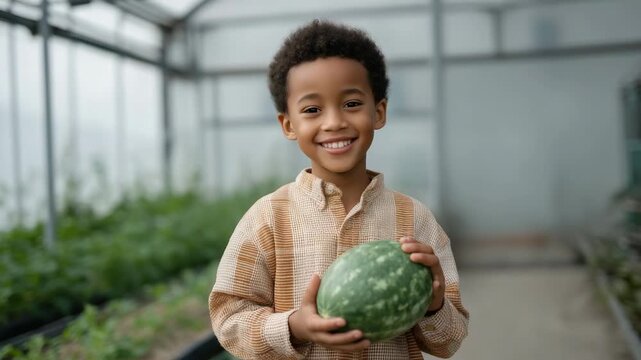African little child standing inside a greenhouse and holding a watermelon,strictly preserving the exact composition, camera angle, body posture, facial expression, lighting softne 