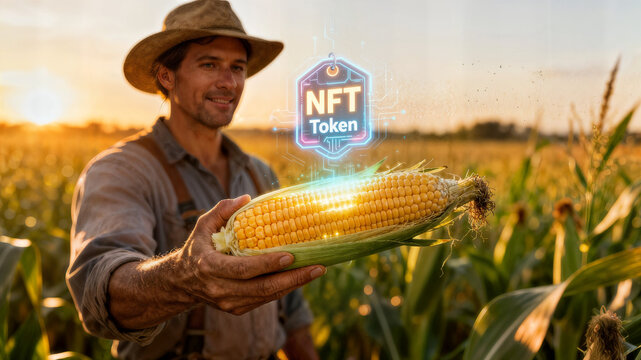 Farmer holding glowing corn ear with nft token in sunset field symbolizing sustainable agriculture and digital ownership