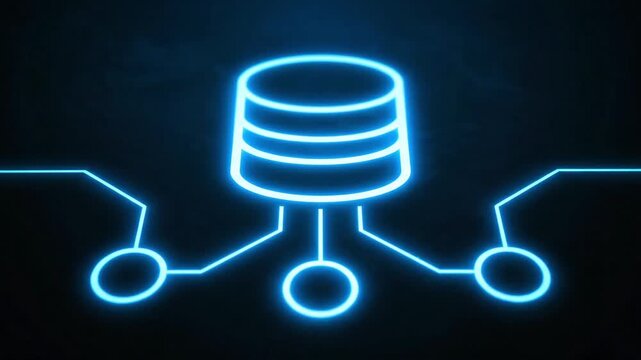 Neon blue database server icon with connected network nodes on dark background. Data storage, big data, cloud computing, server room concept.