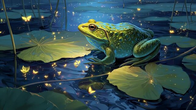 Frog sitting on lily pad surrounded by butterflies.
