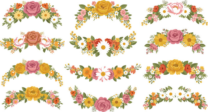 Set of elegant floral arch borders and semi circle bouquets with roses daisies and wildflowers in a flat vector style for wedding invitations.