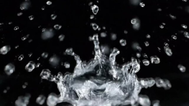 Clear water splash and droplets falling, creating a crown shape on a dark black background, high-speed slow motion liquid texture