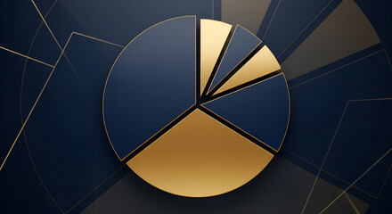 Naklejka premium Luxury Gold and Navy Blue 3D Pie Chart on Dark Geometric Background