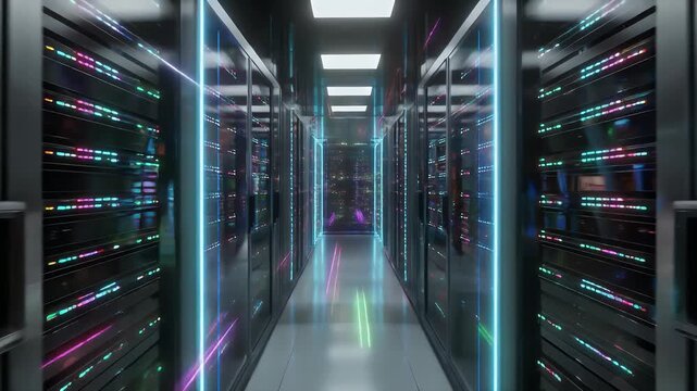 A long data center hallway is lined with servers emitting colorful neon lights. The floor reflects the light from the servers. The hallway is empty, leading to a bright light