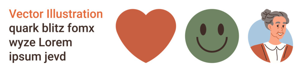 Emotions, relationships, communication, graphic elements, empathy, human connection. Heart icon, green happy face elderly woman portrait and text. Emotions and relationships concept