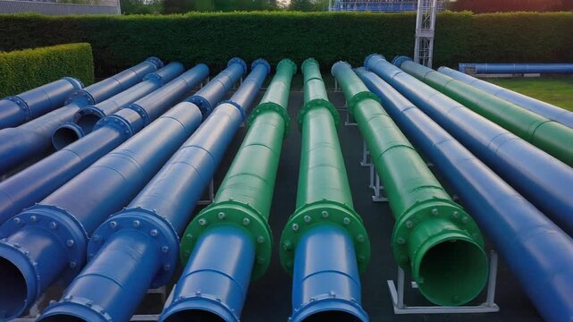 Blue and Green Industrial Pipes Laying Outdoors in Rows on a Sunny Day at Factory