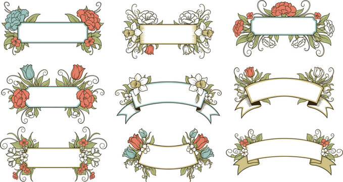 Set of vintage floral frames and ribbon banners with hand drawn flowers and elegant scrolls in a rustic vector style for labels and wedding stationery.