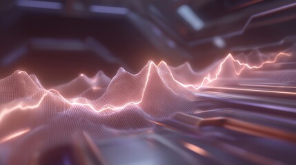 An immersive technology scene highlights a data stream as it flows within a holographic pipeline, surrounded by soft ambient light and futuristic design elements. cinematic color correction,