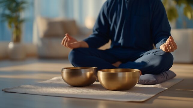A peaceful therapy room shows singing vibrations from metal bowls combined with tuning forks, enhancing meditation, chakra balancing, and wellness rituals. cinematic color correction, natural